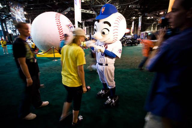 Mr. Met does not approve of the Yankees Crocs. He's also intimidated by the world record holding baseball.
